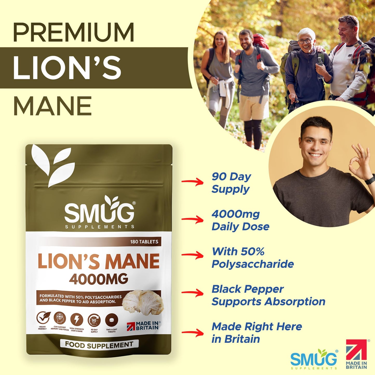 Lions Mane 4000mg British Made by SMUG Supplements - 180 Vegan Lion's Mane Mushroom Extract Tablets - Two-a-Day Dose with Black Pepper - 90 Day Supply - Potent Alternative to Capsules or Powder