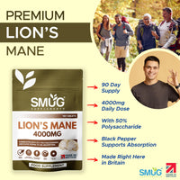 Lions Mane 4000mg British Made by SMUG Supplements - 180 Vegan Lion's Mane Mushroom Extract Tablets - Two-a-Day Dose with Black Pepper - 90 Day Supply - Potent Alternative to Capsules or Powder