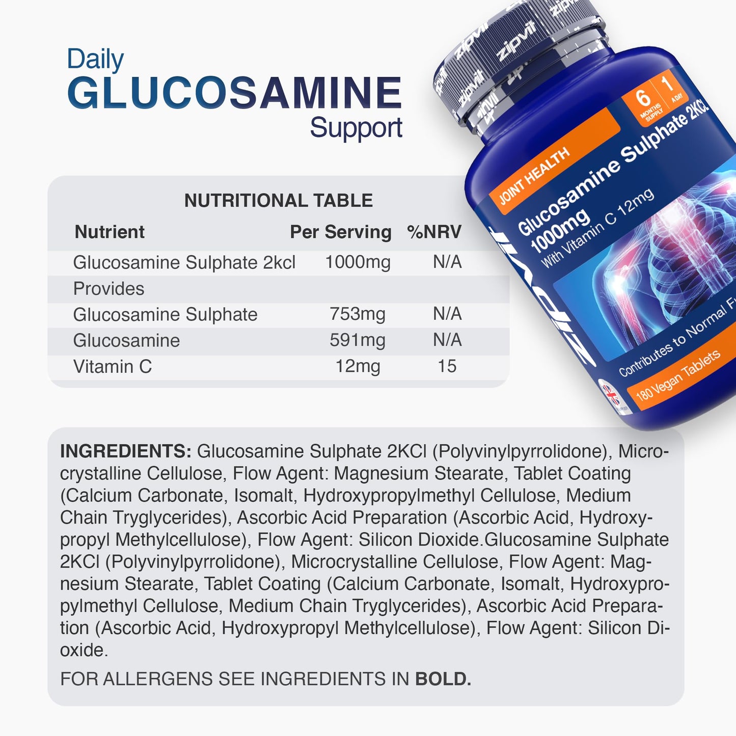 Zipvit Glucosamine Sulphate 2KCl 1000mg with Vitamin C, 180 Vegan Tablets, Supports Bones, Cartilage & Collagen, Reduces Tiredness & Fatigue, Joint Health Supplement, 6 Month Supply