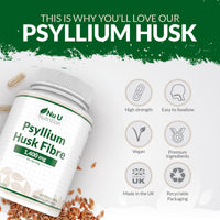 Psyllium Husk Fibre Supplement - 1400mg per Serving - 240 Vegan Capsules - Natural Soluble Prebiotic Fiber from Plantago Ovata Seeds - Made in the UK - Nu U Nutrition