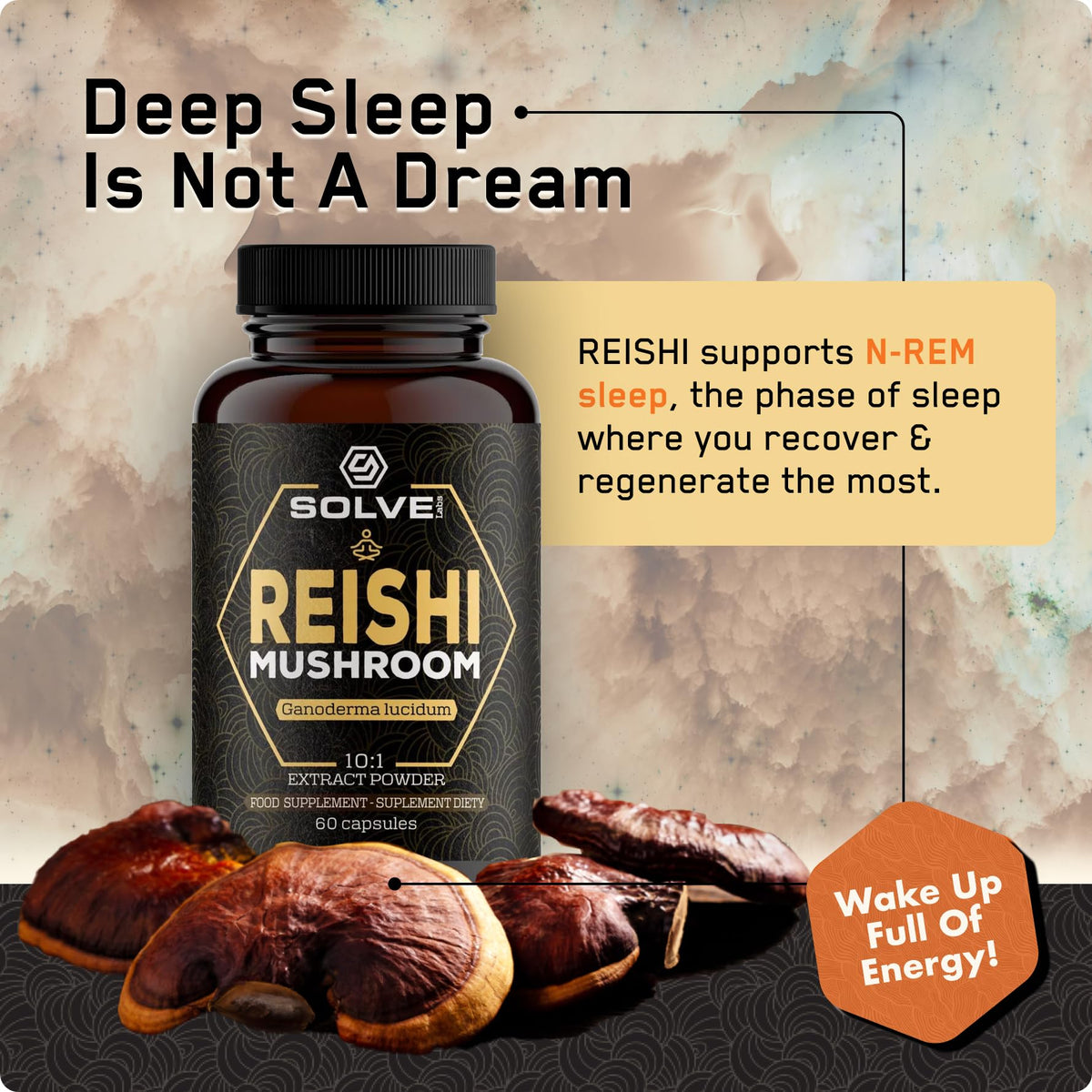 Solve Labs SOLVE Labs® ● Premium Reishi Mushroom Capsules ● 51% Beta-D-Glucans ● 10:1 Concentrate ● No Fillers & Additives ● Vegetarian & Kosher ● 60 Capsules ● 1 Month Supply