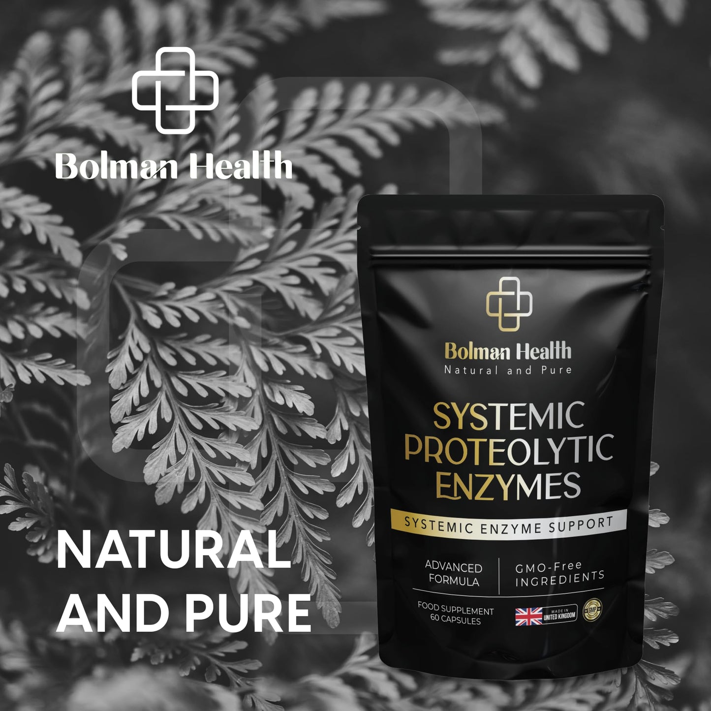 Bolman Health Systemic Proteolytic Enzymes | Advanced Enzyme Complex | Supports Inflammation Response, Repair & Recovery | Digestive & Immune Health | 60 Vegan Capsules | GMO-Free | Made in UK