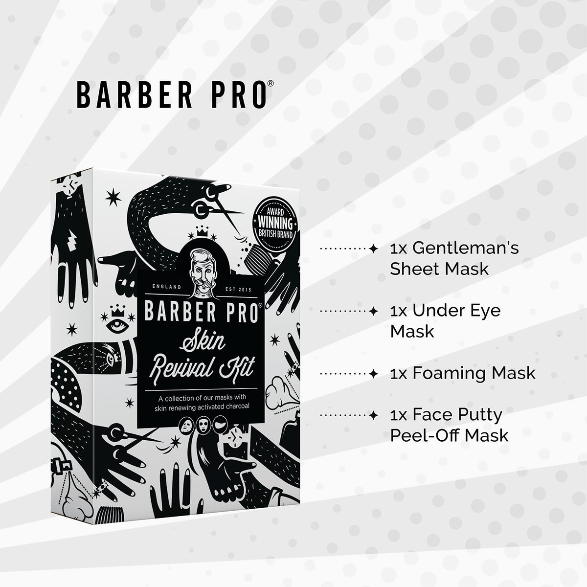 BeautyPro BARBER PRO Skin Revival Mens Pamper Kit 4-in-1 Under Eye Mask Peel Off Putty & 2 Face Masks Rejuvinate Hydrate Soothe Tired Eyes Cleanse Pores Multi Award Winning Brand