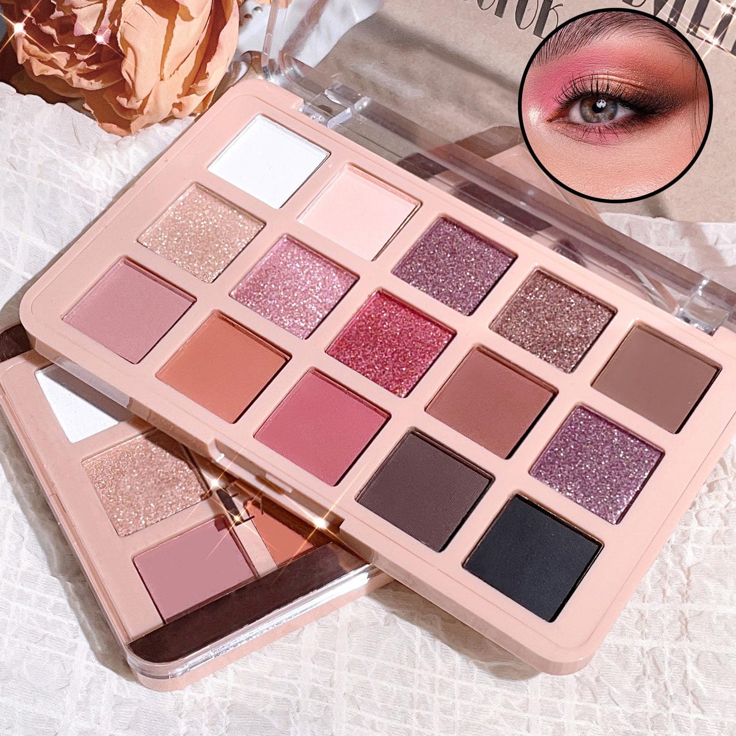LYNTYAOU Eyeshadow Pink Eye shadow Palette, Make-Up Palettes Shimmer Glitter Matte Shadows Pallets for Women, 15 Color Pink Brown Natural Long Lasting Highly Pigmented Eyeshadow Palette