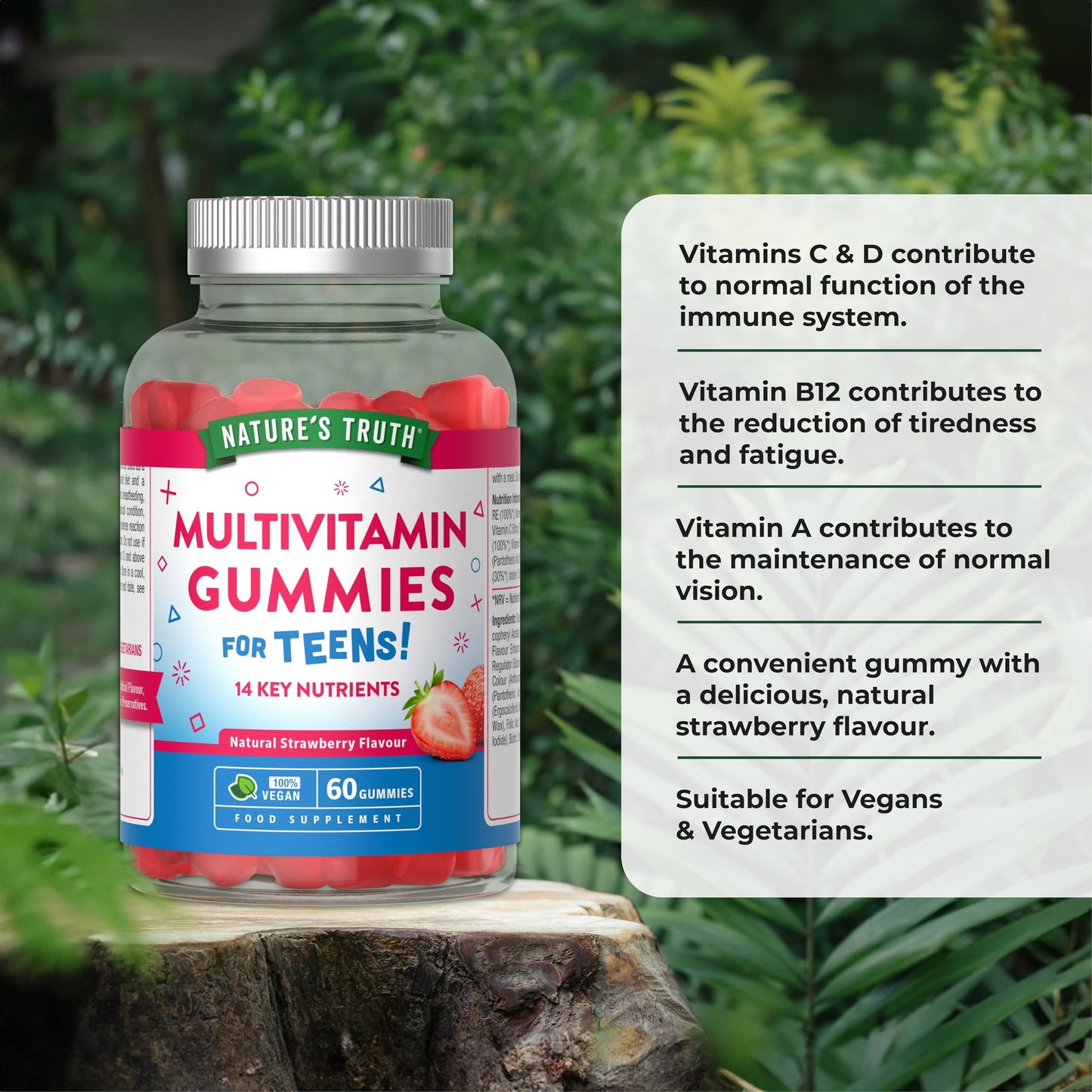 Nature's Truth Multivitamins for Teens - 60 Vegan Gummies - 14 Key Nutrients - Natural Strawberry Flavour