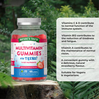 Nature's Truth Multivitamins for Teens - 60 Vegan Gummies - 14 Key Nutrients - Natural Strawberry Flavour