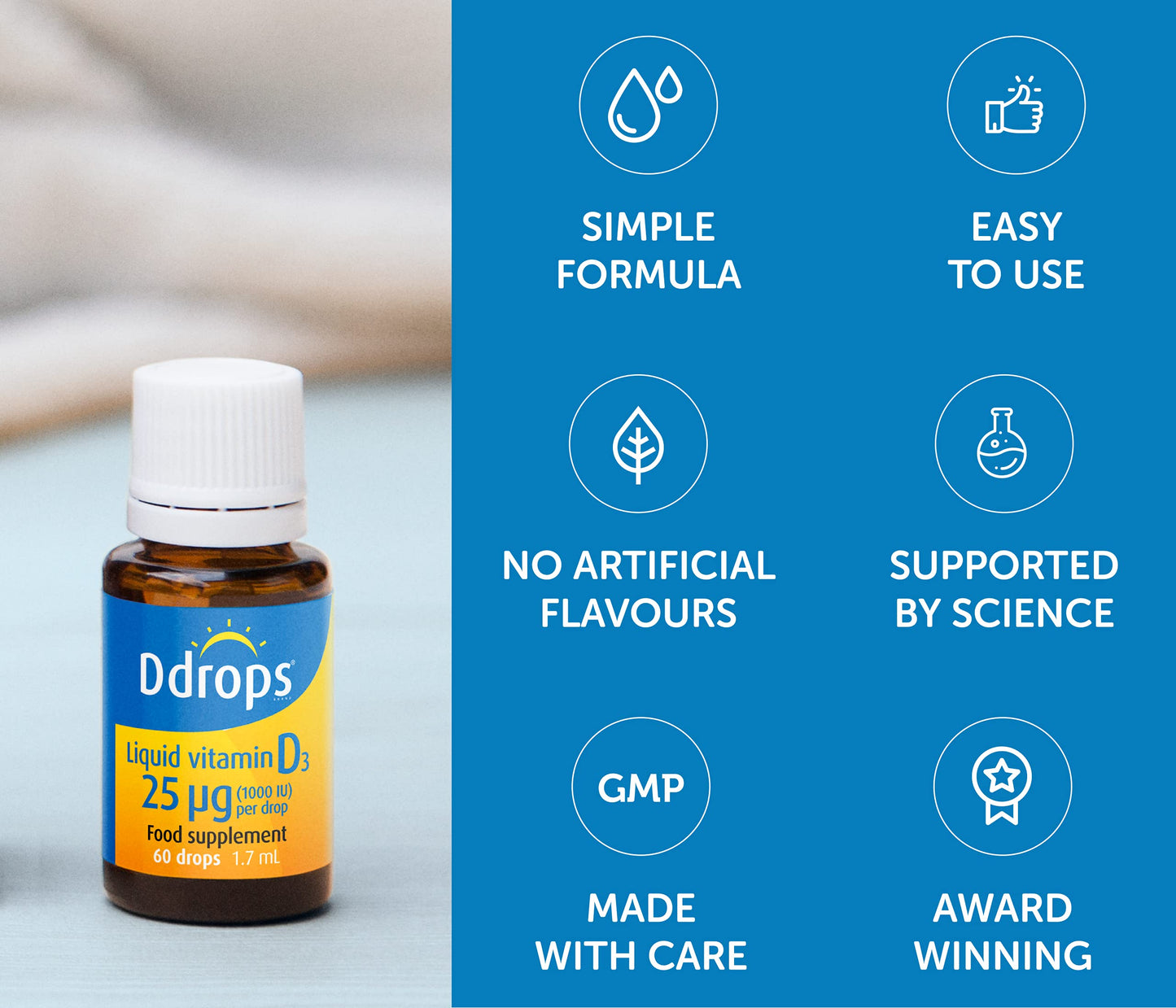 Ddrops Adults 25 µg 60 drops - Liquid Vitamin D3 Supplement Supports Bones, Immune System - Naturally-sourced Ingredients, No Large Capsules, No Preservatives, Non-GMO, Allergen-Friendly