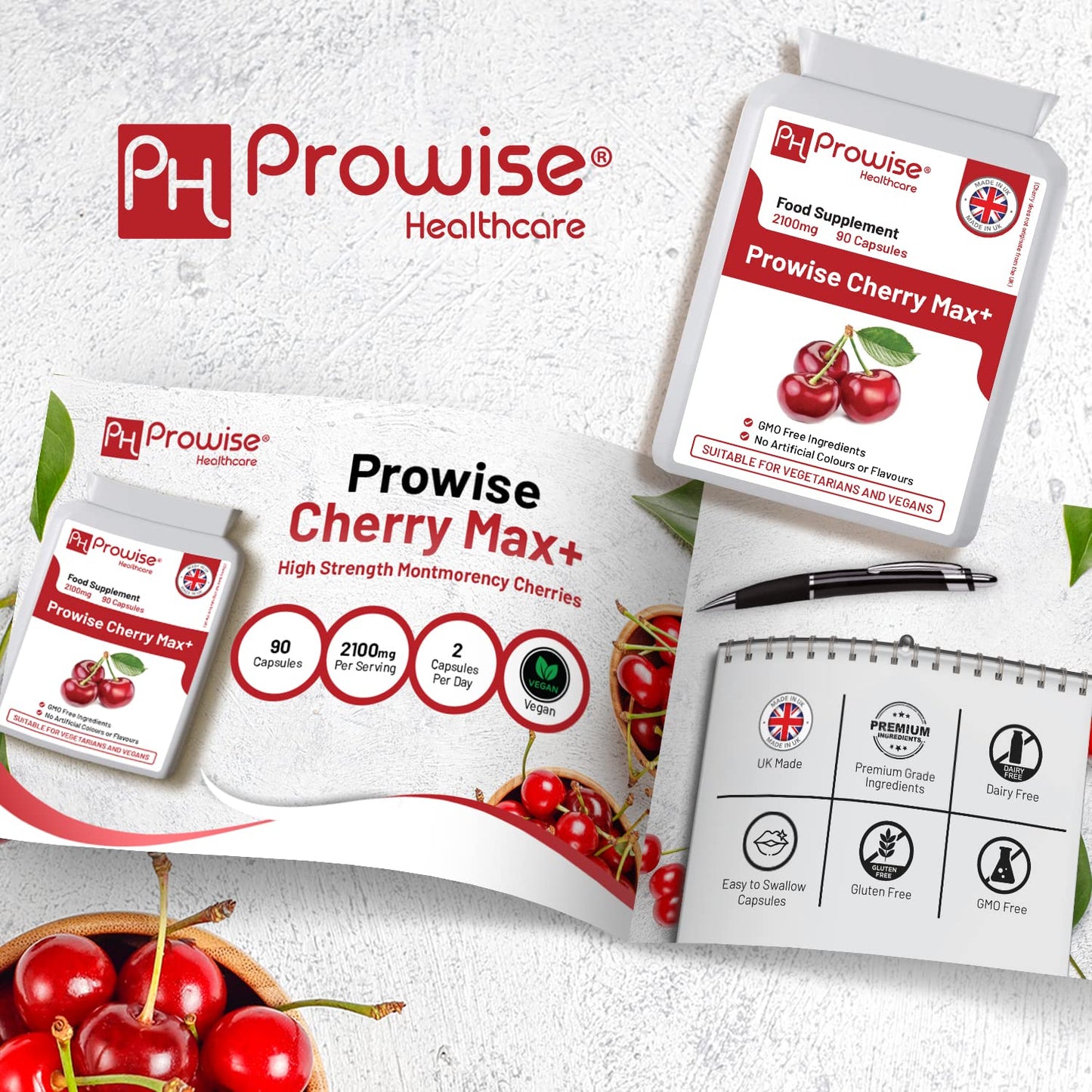 PH PROWISE Healthcare Montmorency Cherry Capsules 2100mg - 90 Vegan Supplements I Prowise CherryMax with 1500MG Montmorency Cherry & 600MG Black Cherry I Tart Cherry Capsules I Made in The UK by Prowise Healthcare