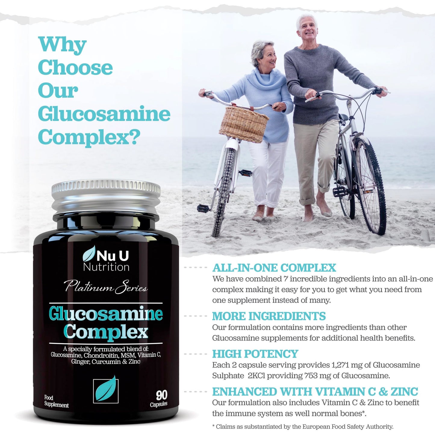 Glucosamine and Chondroitin High Strength Complex - 90 Glucosamine Sulphate Capsules - with Turmeric, MSM, Vitamin C, Zinc & Ginger - Joint Care Supplements for Men & Women - Nu U Nutrition