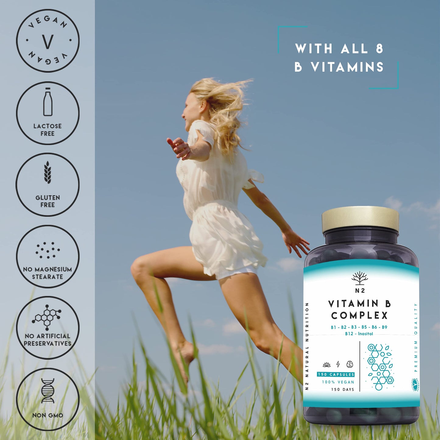 Vitamin B Complex High Strength. Vitamin B12, B9 (folic Acid), B7 (Biotin), B6, B5, B3, B2, B1,Inositol. Improves Mental Performance and Reduces Fatigue. 150 Capsules. Vegan. CE. N2 Natural Nutrition