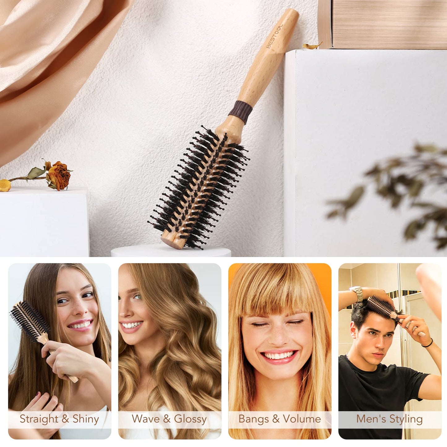 BESTOOL Round Brush for Blow-Drying, Boar Bristles with Nylon Pins Round Hair Brush, Professional Round Styling Brush for Women and Men, Straightening, Curling, Improving Hair Texture (Barrel 20mm)