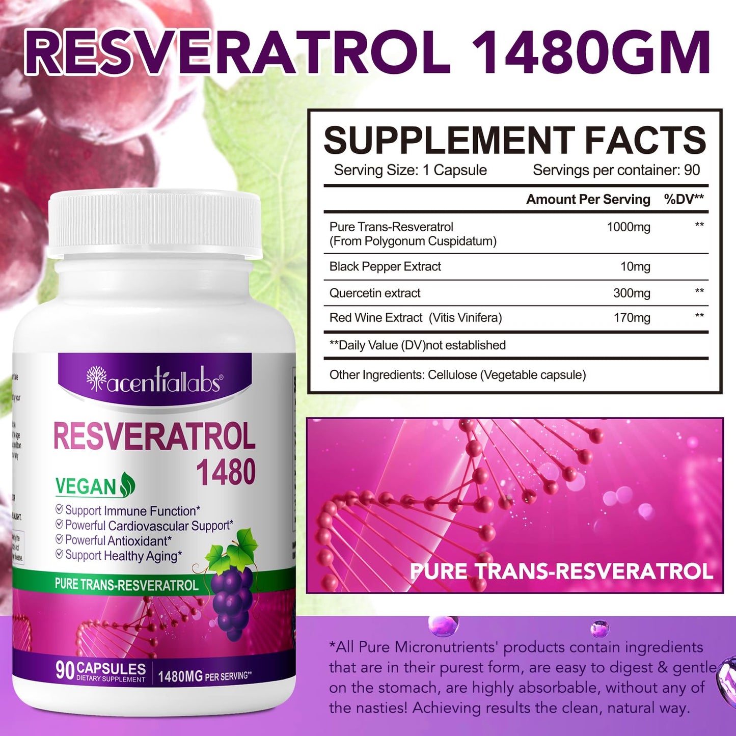 Resveratrol Supplement 1480mg, 90 Capsules High-Potency Trans-Resveratrol Supplement for Heart, Skin, and Anti-Aging Antioxidant
