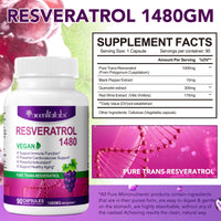 Resveratrol Supplement 1480mg, 90 Capsules High-Potency Trans-Resveratrol Supplement for Heart, Skin, and Anti-Aging Antioxidant
