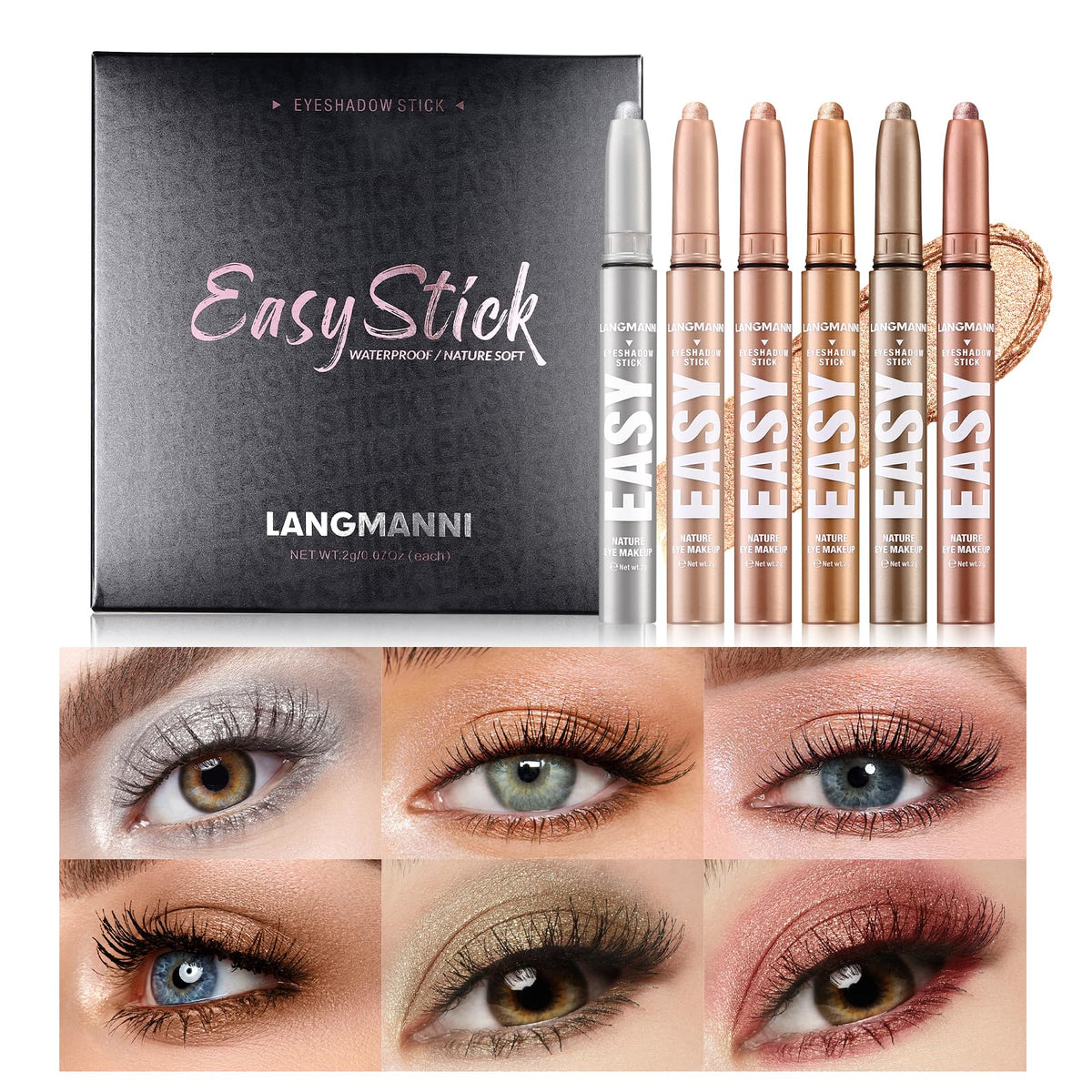 LANGMANNI Eyeshadow Stick, 6 PCS Multi-Color Eyeshadow Pen Set, Creamy Long-Lasting Eye Makeup Kit, Natural & Shimmer Shades Contour Stick, Perfect Gifts For Women (#B)