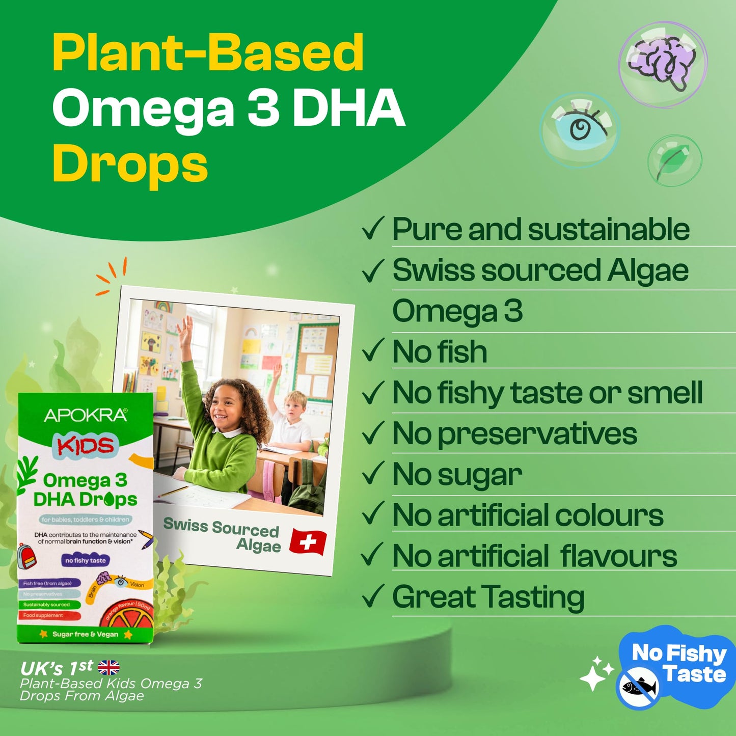 Apokra APOKRA Kids Omega 3 Vegan DHA Drops | Liquid Algae Oil Omega-3 for Children | Plant-Based Fish Oil Supplements Alternative | No Fishy Taste, Sugar & Preservative Free | Natural Orange Flavour | 50ml