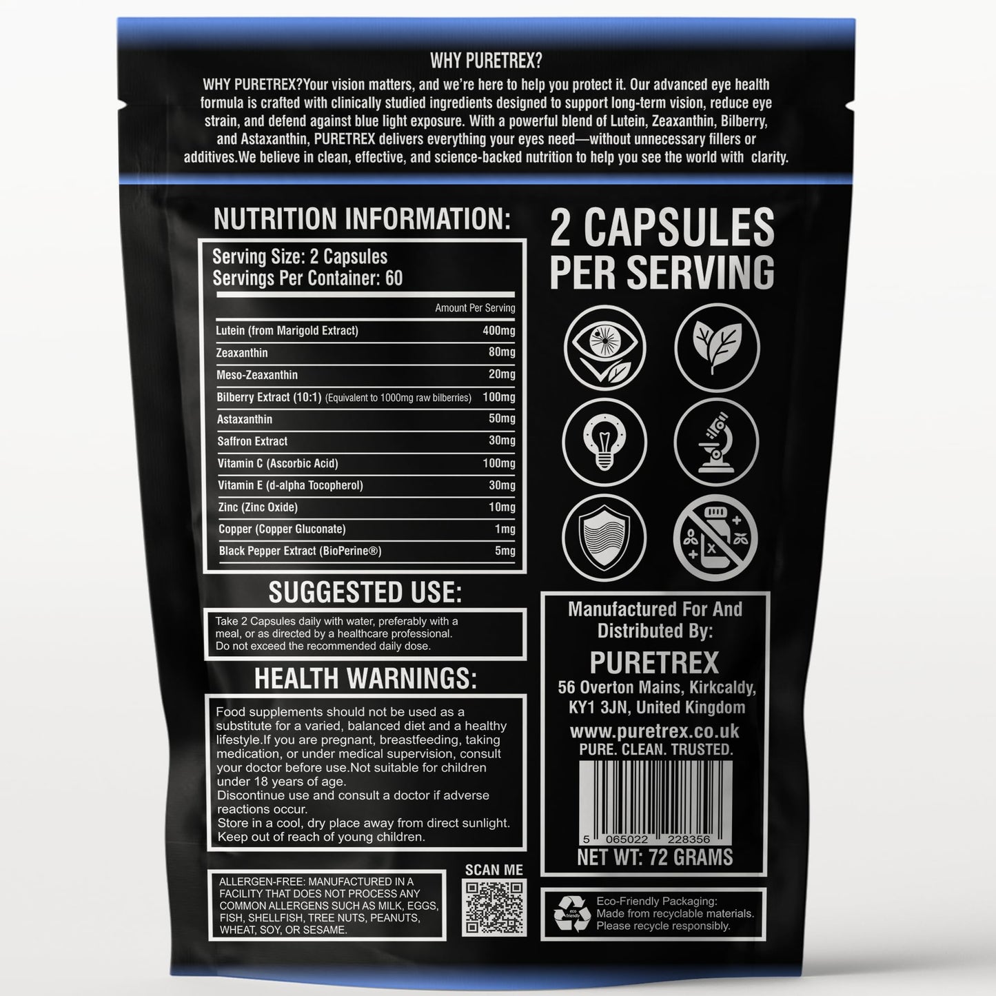Puretrex Eyeshield 360 – Advanced Eye Health Supplement with Lutein, Zeaxanthin, Meso-Zeaxanthin, Bilberry, Astaxanthin, Saffron, Zinc, Copper, Vitamin C & E, BioPerine® – 120 Capsules