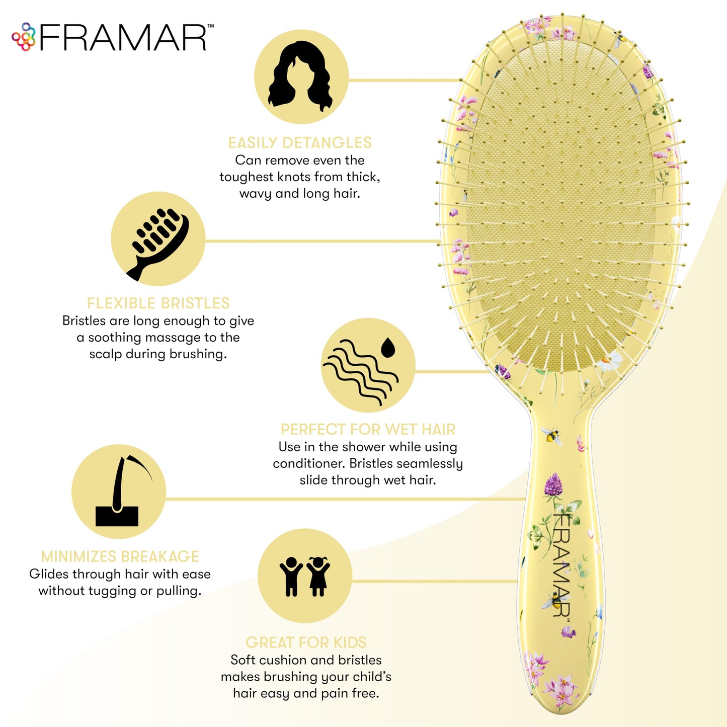 FRAMAR Framar No More Tangles Hairbrush - Detangle Hair Brush for Women, Men & Children, Detangler Hair Brush, Wet Detangle Hair Brush For Curly Hair - Floral Yellow