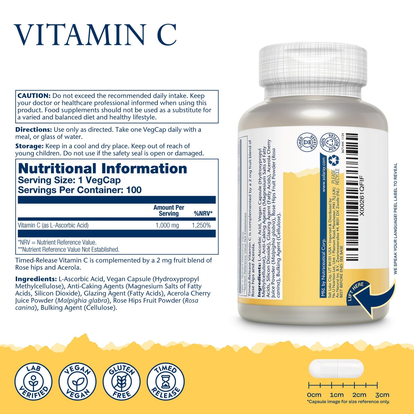 SOLARAY Vitamin C 1000mg - 100 Vegan Capsules not Tablets - High Strength VIT C Supplement with Ascorbic Acid, Acerola Cherry and Rosehip - Lab Verified - Solaray