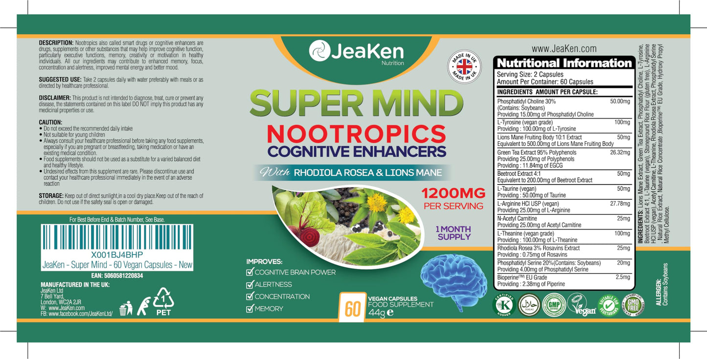 JeaKen - Super Mind Nootropics Supplements, Beetroot Capsules with Rhodiola Rosea, Lions Mane, L-Theanine and More, Boosts Focus, Alertness and Memory, 1200mg per Serving, 60 Vegan Capsules