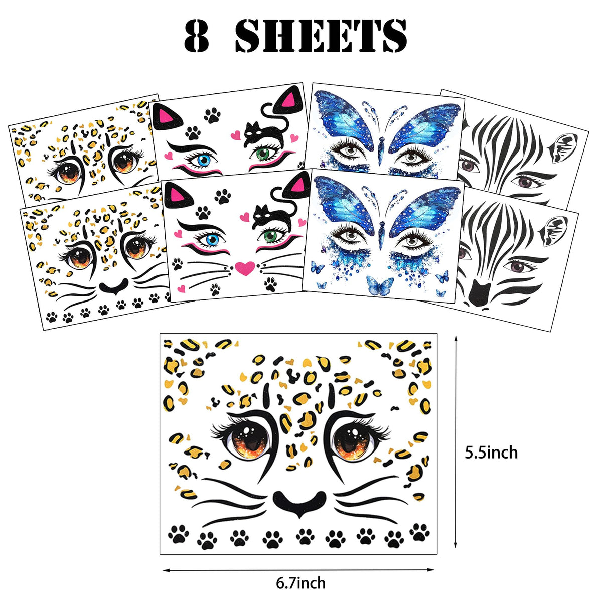 Dercylele 8Pcs Halloween Face Tattoo for Kids, Animal Tattoos Halloween Temporary Face Stickers Leopard Print Glitter Face Stickers Makeup Stickers Festival Party Stage Makeup (8Psc-kid tattoo)