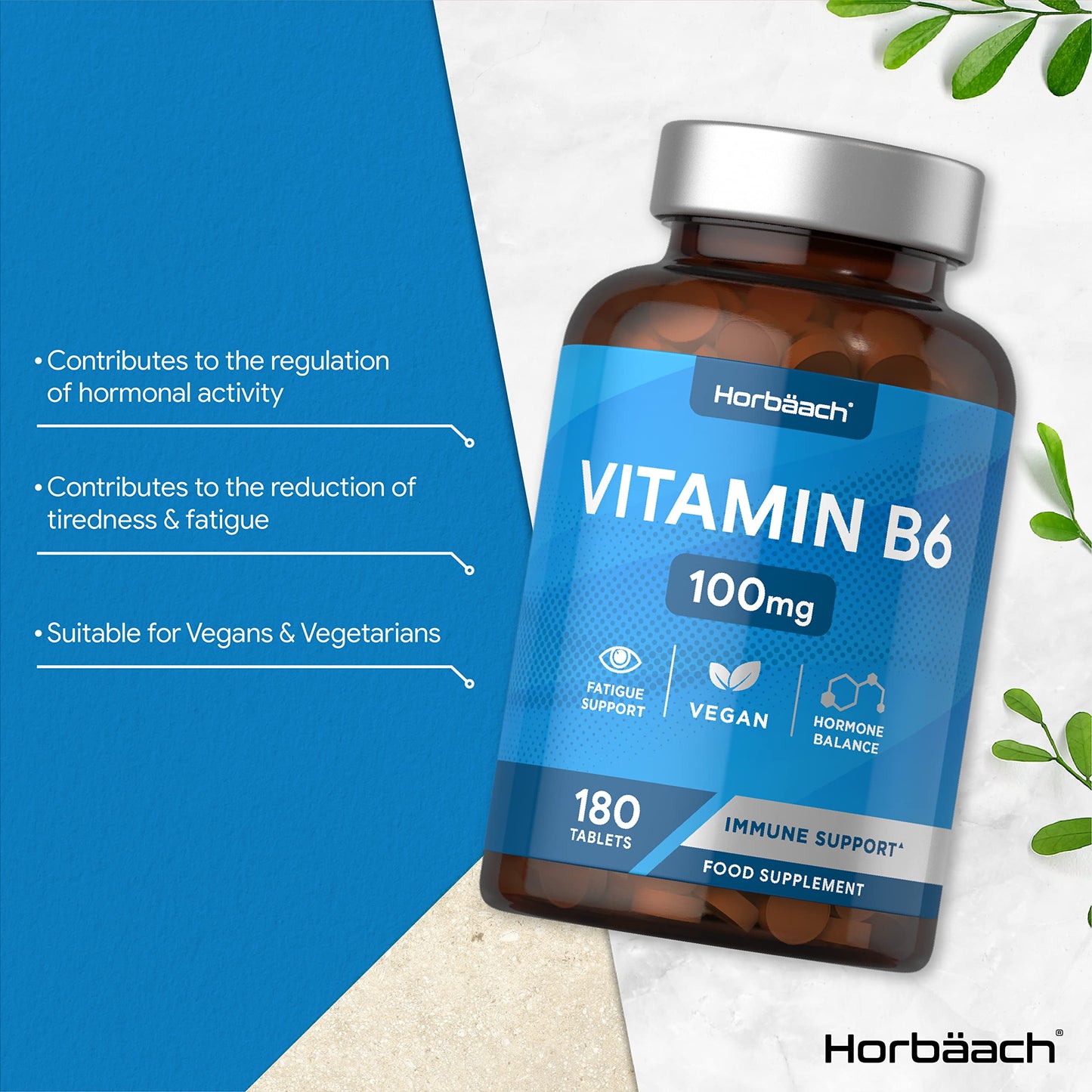 Horbäach Vitamin B6 100mg | 180 High Strength Tablets | Regulation of Hormonal Activity & Fatigue Support | Suitable for Vegans & Vegetarians | by Horbaach