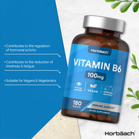 Horbäach Vitamin B6 100mg | 180 High Strength Tablets | Regulation of Hormonal Activity & Fatigue Support | Suitable for Vegans & Vegetarians | by Horbaach