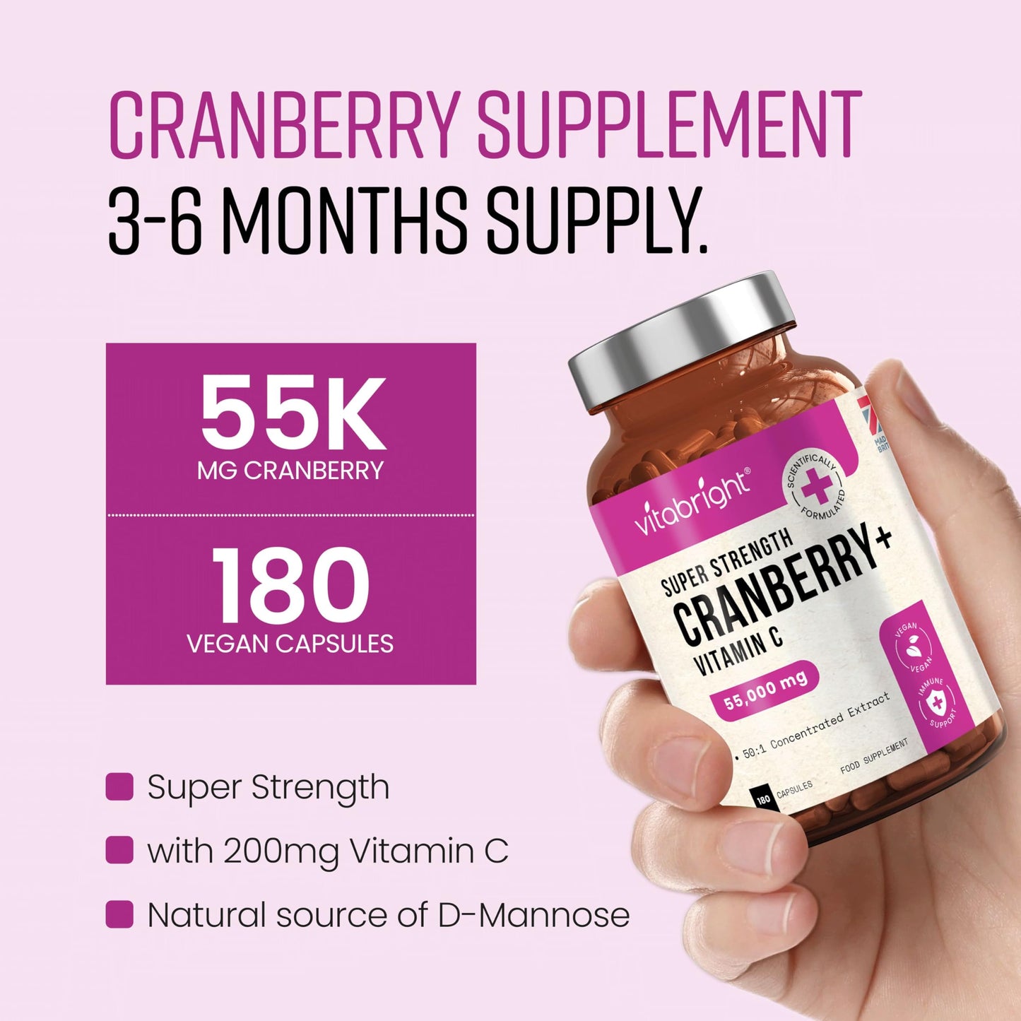 VitaBright Cranberry Tablets with Natural D-Mannose | 55,000mg | 180 Capsules | 3 Month Supply | Cranberry Supplements for Women with Vitamin C | No Added Sugar | High Strength Extract
