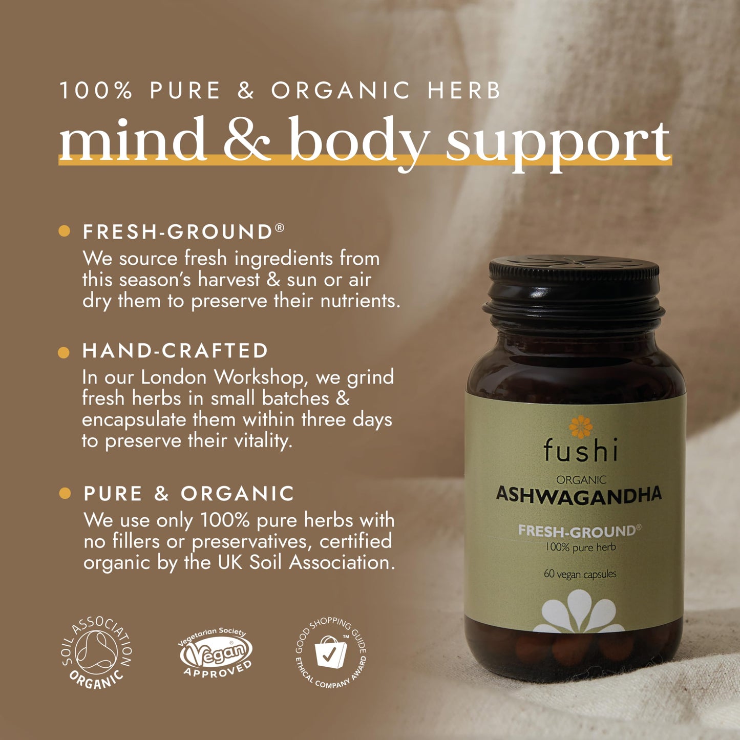 Fushi Ashwagandha Organic Herbal Supplement 340 mg, 60 Caps | Fresh-Ground Wholefood | Adaptogen, Immune, and Energy | Ethical & Vegan | Ayurveda Formula Known as WithaniaSomnifera