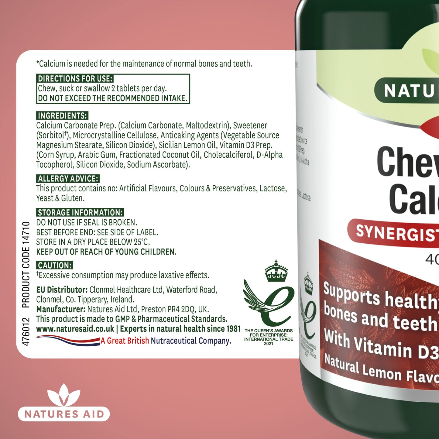 Natures Aid Chewable Calcium, 400 mg with Vitamin D3, 60 Tablets (for the Maintenance of Normal Bones and Teeth, Vegan Society Approved, Made in the UK)
