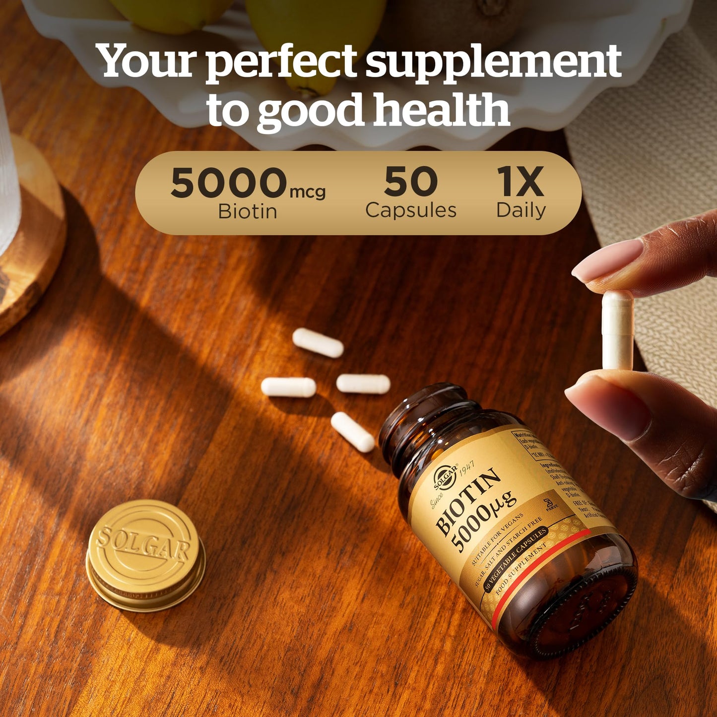 Solgar Biotin 5000 mcg Vegetable Capsules - High Strength Formula - Supports Hair Growth, Glowing Skin, Energy & Vitality - Health Supplement - Sugar Free - Suitable for Vegans - Pack of 50