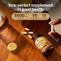 Solgar Biotin 5000 mcg Vegetable Capsules - High Strength Formula - Supports Hair Growth, Glowing Skin, Energy & Vitality - Health Supplement - Sugar Free - Suitable for Vegans - Pack of 50