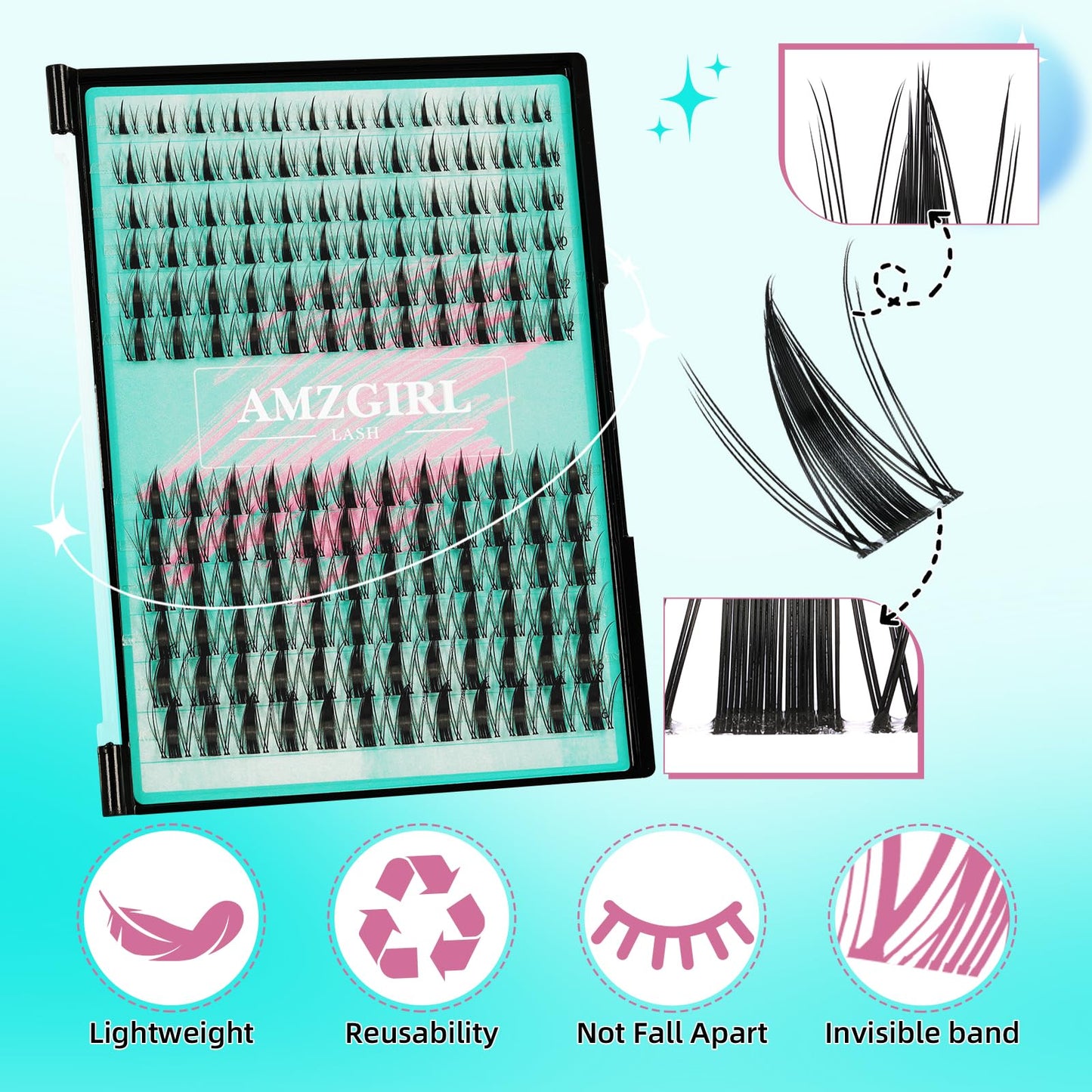 AMZGIRL LASH Manga Lash Clusters Kit 144PCS Fairy Eyelash Extension Kit with Bond and Seal, Invisible Lash,Glue Remover and Tweezer (8-16mm Kit)