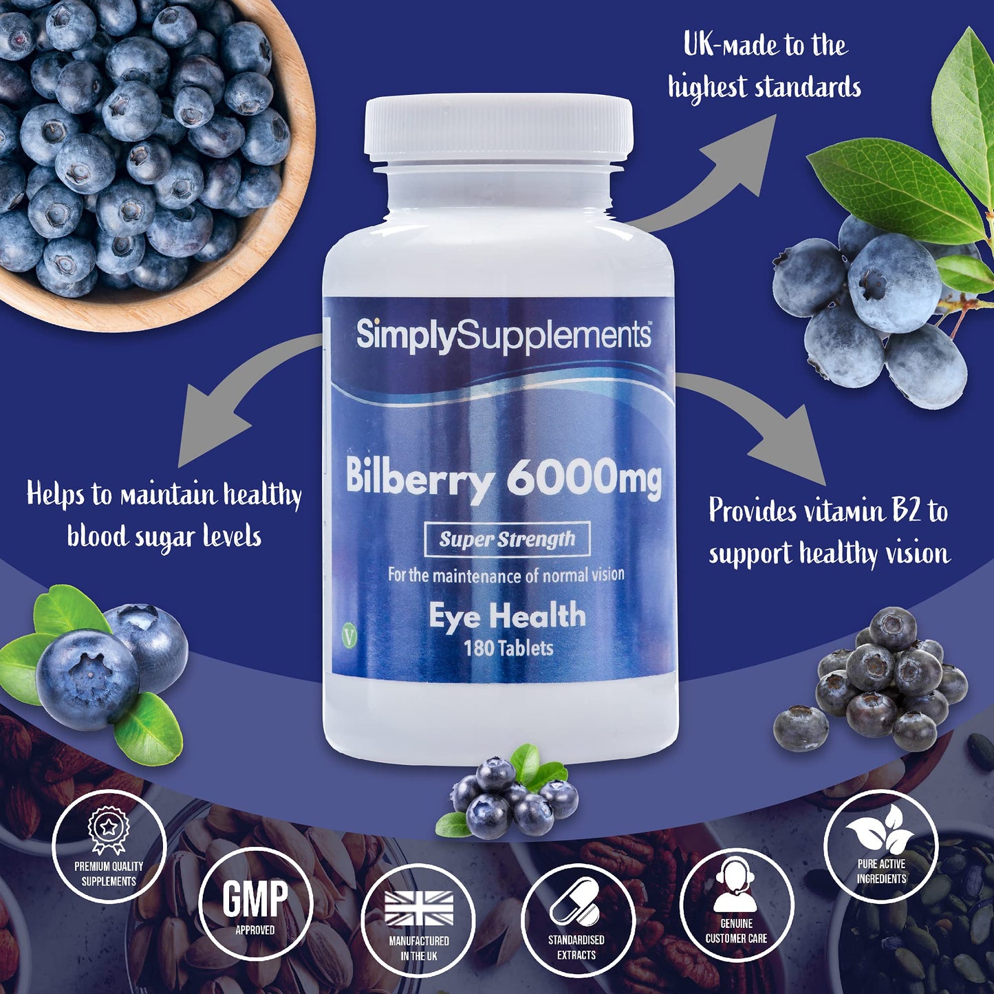 Bilberry Extract Tablets | Potent 6000mg Formulation | 180 Tablets = Up to 3 Month Supply | Vegan & Vegetarian Friendly | Added Vitamin B2 to Support Healthy Sight & Vision | Manufactured in The UK