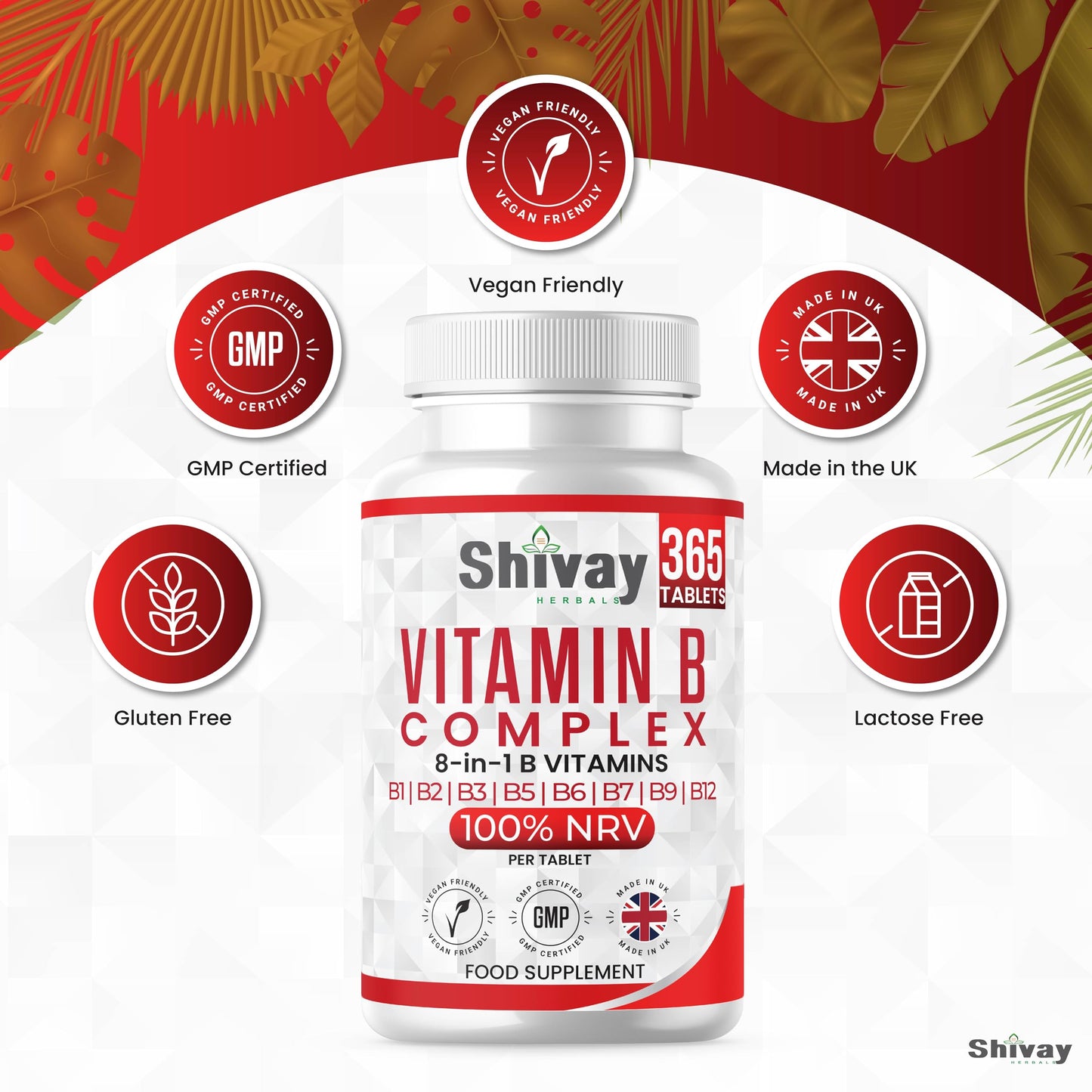 Shivay Herbals Vitamin B Complex – 365-Count Vitamin B Complex Tablets 1-Year Supply High-Strength Tablets with B1, B2, B6, B12, Folic Acid, Biotin for Tiredness, Fatigue, Immune Support, Made in UK