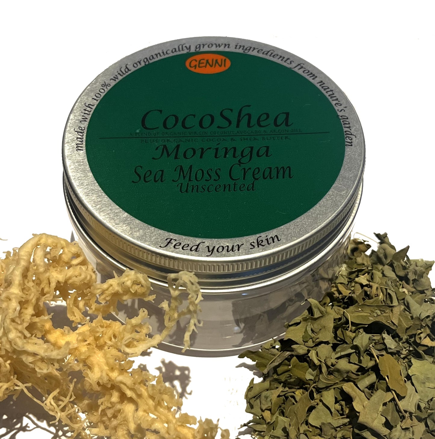 CocoaShea Body Creams | Vegan skincare | GENNI Raw Sea Moss Creams made with virgin Coconut, Argon, Advocado Oils, Shea and cocoa buttert for health, beauty and wellbeing | (Moringa)