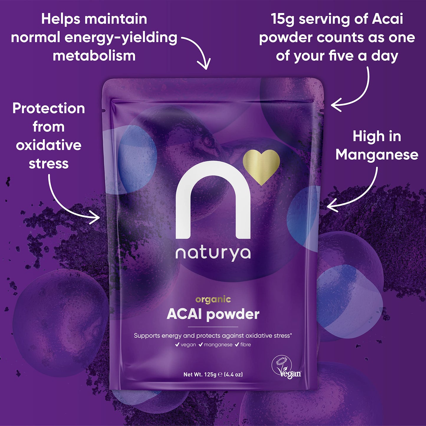 Naturya Organic Açaí Powder - Wild-Harvested from Amazonian Açaí Palms, Rich in Manganese & Vitamin A, High in Fibre, Antioxidant Superfood, Gluten-Free, Vegan - 125g Pouch
