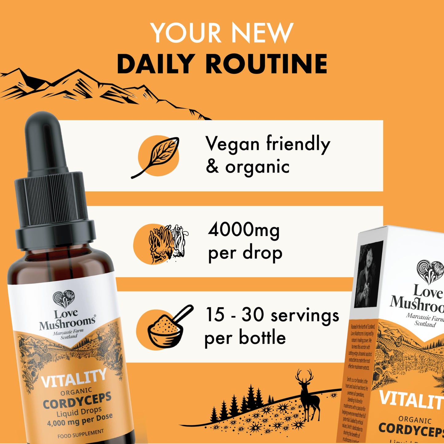 Love Mushrooms Organic Cordyceps Mushroom Supplement 4,000mg per 1ml | High Strength Liquid Drops 30ml for Natural Energy & Endurance | Vegan, Plant Based Food Supplement, UK Made, Sweet Taste