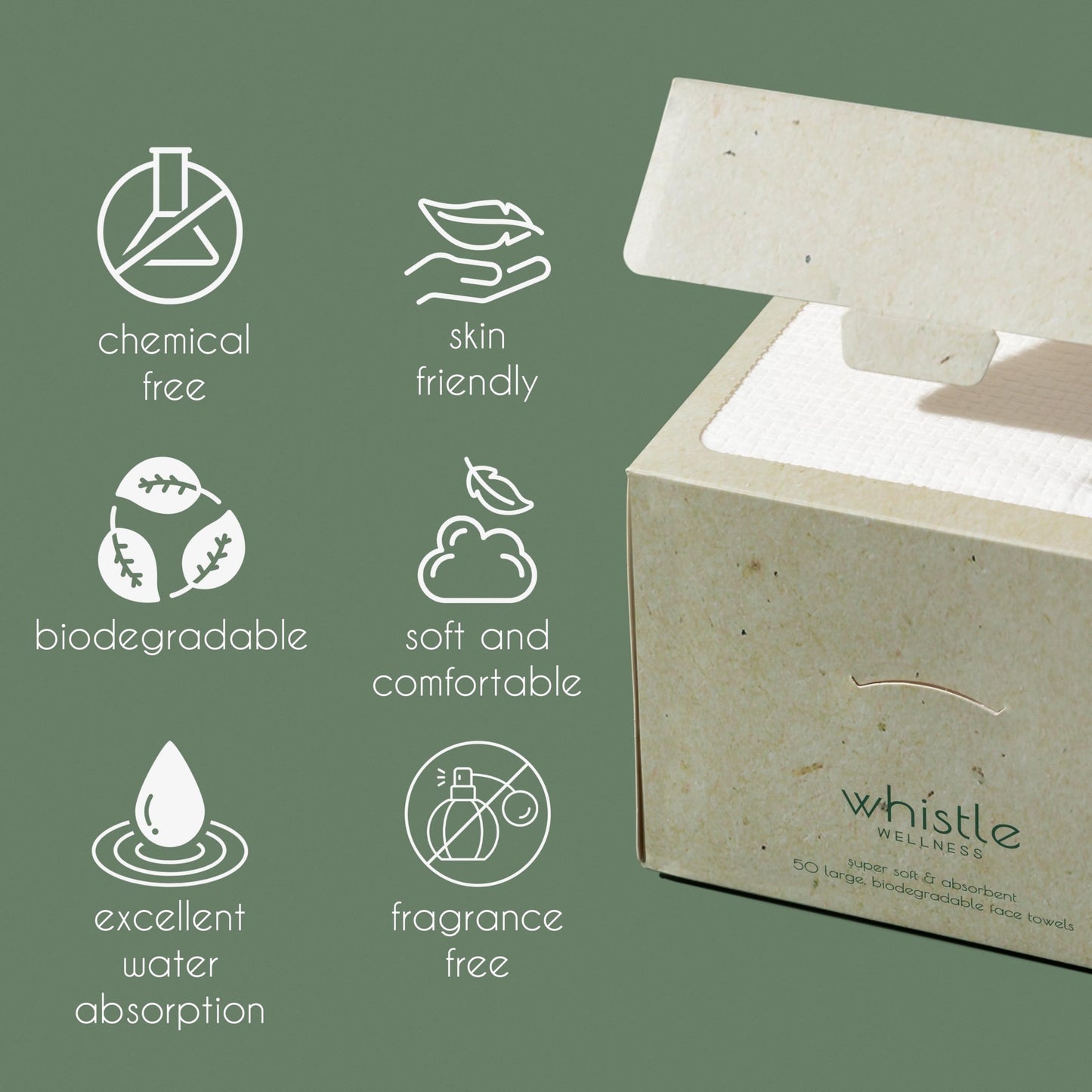 Whistle Wellness® Disposable Face Towel - Soft Biobased Super Absorbent Face Towels - 10"×12" Dry Face Wipes for Sensitive Skin - Makeup Remover Face Wipes - Resealable Box - 50 Count (1 Pack)