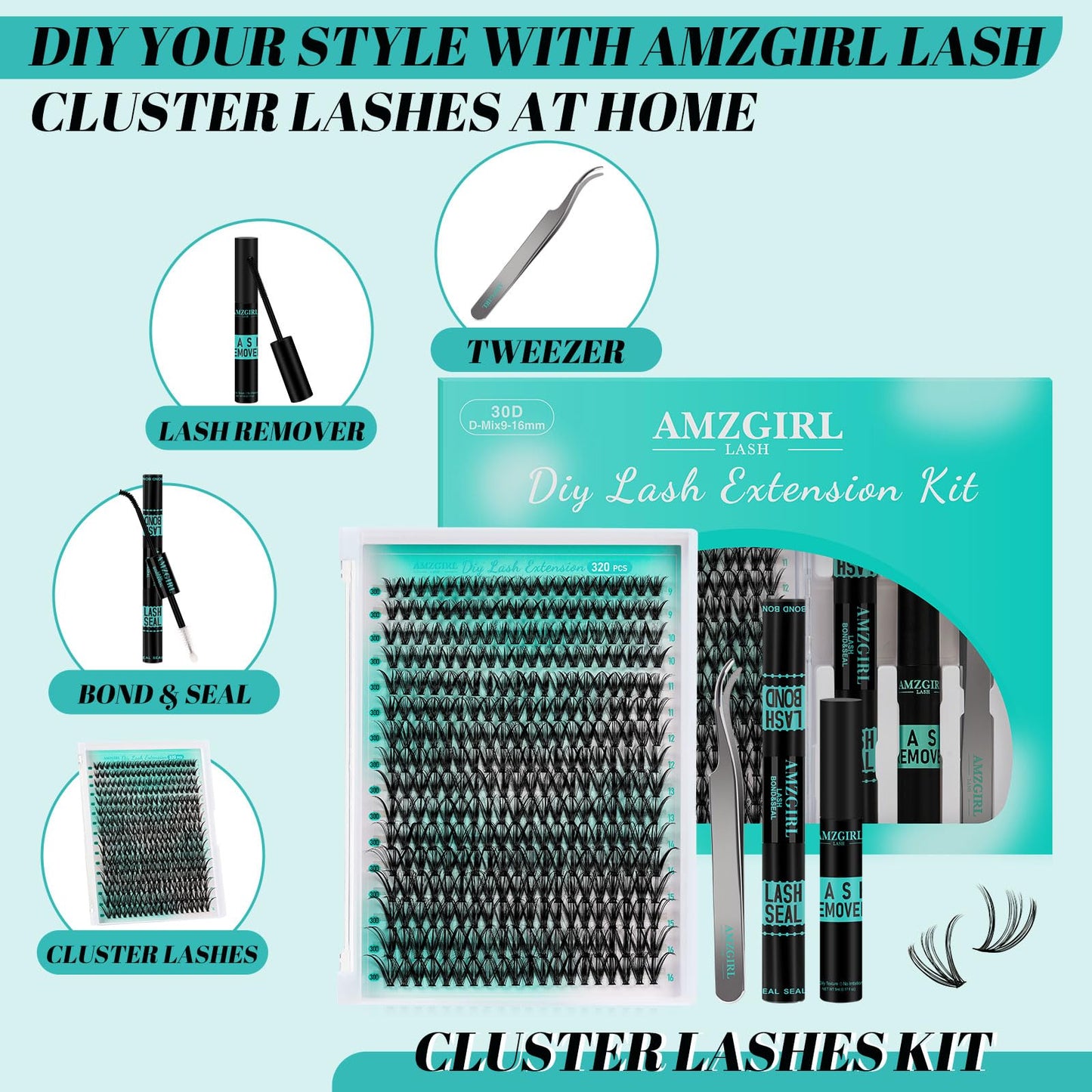 AMZGIRL LASH Lash Extension Kit 320Pcs,DIY Individual Lashes Clusters Kit,Lash Bond And Seal,Lash Remover For Eyelashes Extensions,Lash Applicator Tool For False Eyelash Cluster Kit At Home(30D,D-Mix9-16mm Kit)