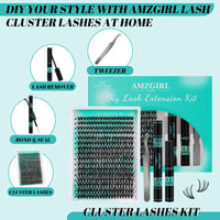 AMZGIRL LASH Lash Extension Kit 320Pcs,DIY Individual Lashes Clusters Kit,Lash Bond And Seal,Lash Remover For Eyelashes Extensions,Lash Applicator Tool For False Eyelash Cluster Kit At Home(30D,D-Mix9-16mm Kit)