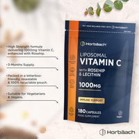 Horbäach Liposomal Vitamin C 1000mg with Rosehip | 180 Capsules | High Strength Vitamin C as Ascorbic Acid with Added Rosehip and Sunflower Lecithin | Vegan Supplement | By Horbaach