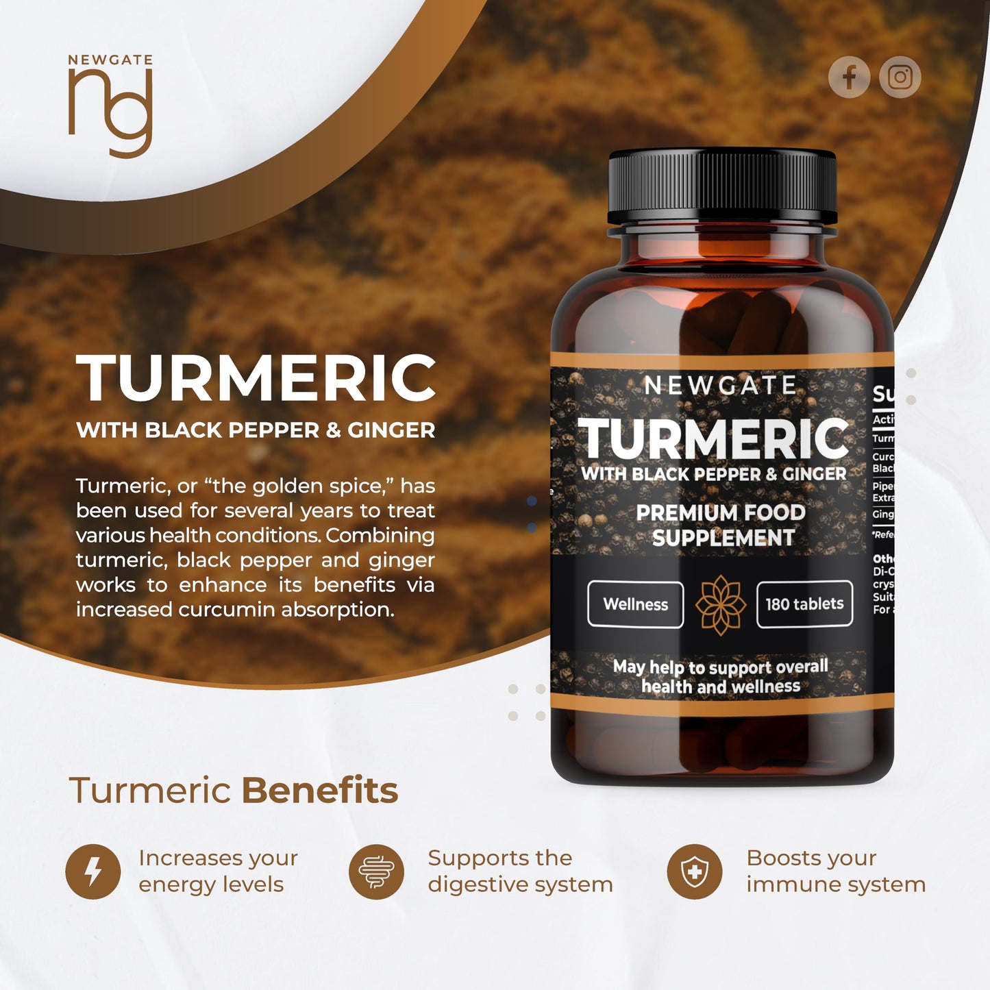 Newgate Labs Turmeric with Black Pepper and Ginger 180 High Strength Tablets - Overall Wellness Support - Premium Nutritional Supplement - GMO Free - Halal - Made in The UK