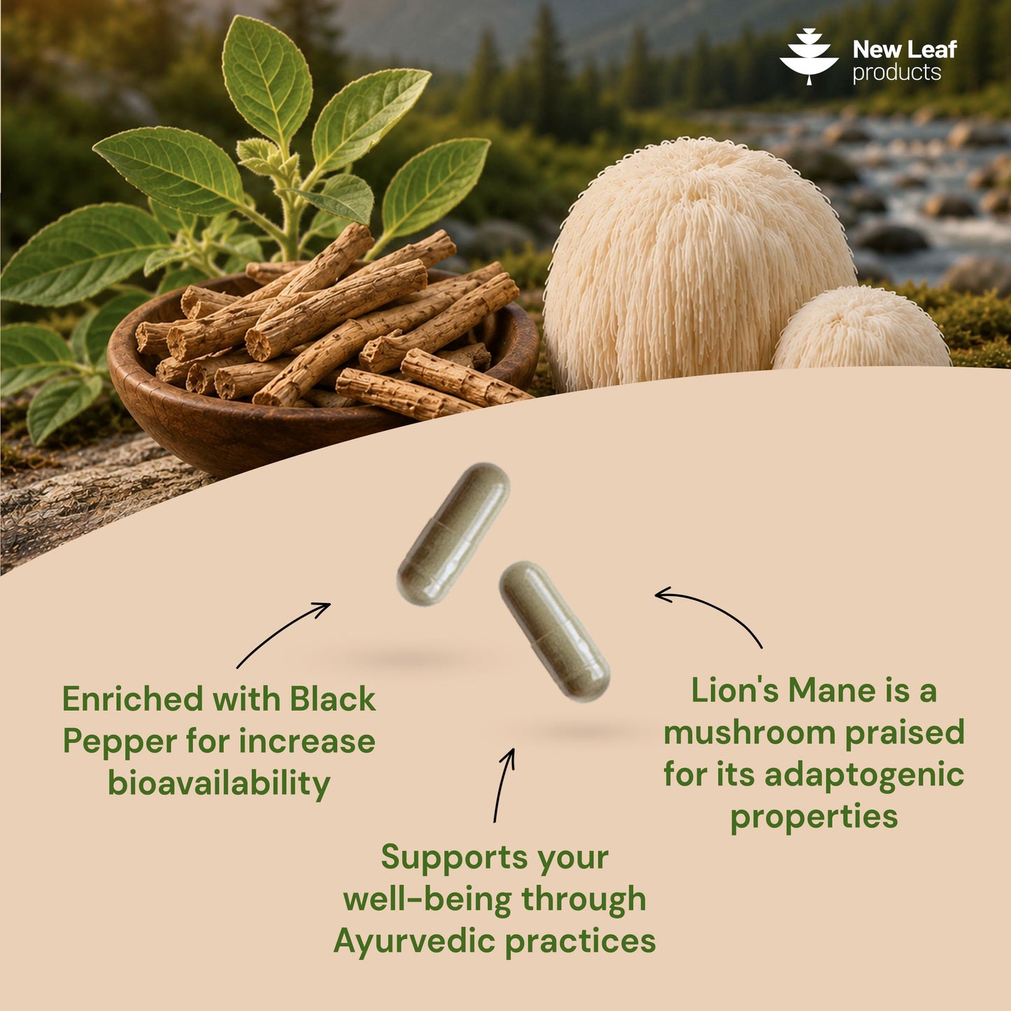 NEW LEAF PRODUCTS Ashwagandha KSM-66 and Lions Mane Capsules - High Strength 2000mg KSM-66 Ashwaghandha Root Extract and Lions Mane Mushroom Extract - 120 Vegan Capsules with Black Pepper - UK Made by New Leaf