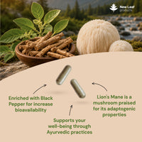 NEW LEAF PRODUCTS Ashwagandha KSM-66 and Lions Mane Capsules - High Strength 2000mg KSM-66 Ashwaghandha Root Extract and Lions Mane Mushroom Extract - 120 Vegan Capsules with Black Pepper - UK Made by New Leaf