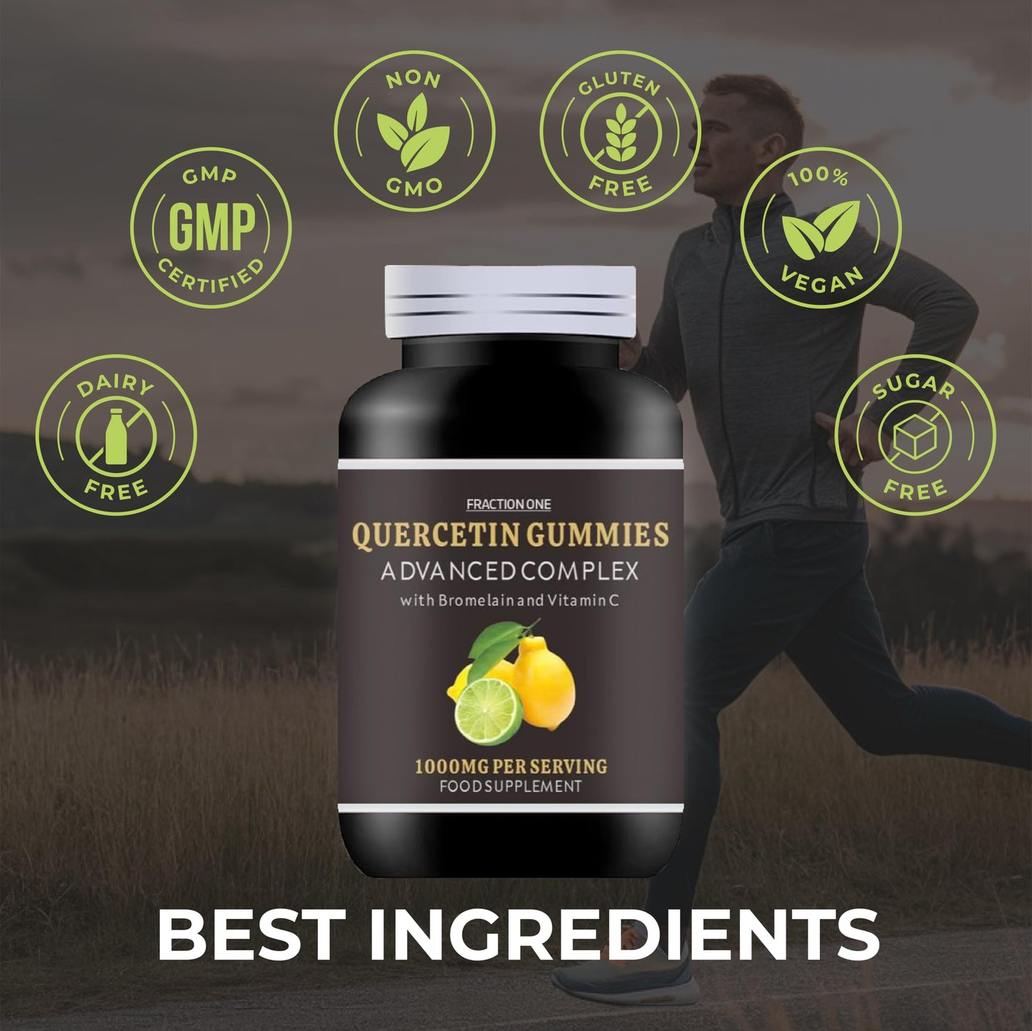 Fraction One Quercetin Gummies Enhanced with Bromelain, Vitamin C - Quercetin 1000mg - 120 Gummies - 60 Servings - Quercetin Complex - Quercetin Supplement -Antioxidant Supplement for Immune Support
