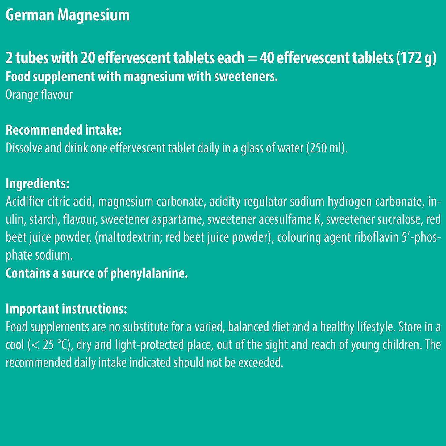 Magnesium 200 mg - 2 x 20 effervescent Tablets - Orange Flavor - T&D Pharma German Magnesium - Made in Germany