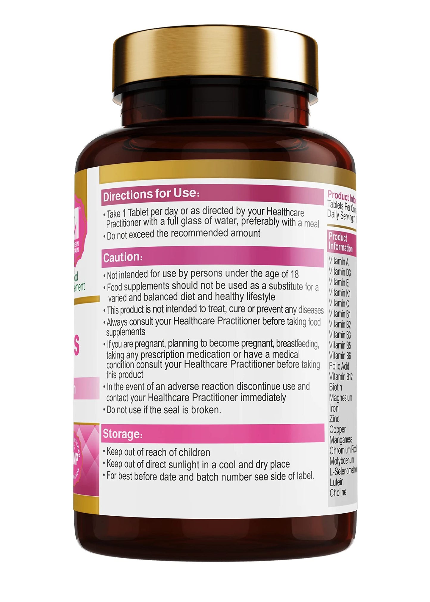 Royal Oak Health Multi Vitamins and Minerals with Biotin, Vitamin D3 and Lutein with Natural Vanilla Flavour & No Iodine, 180 Tablets Pack
