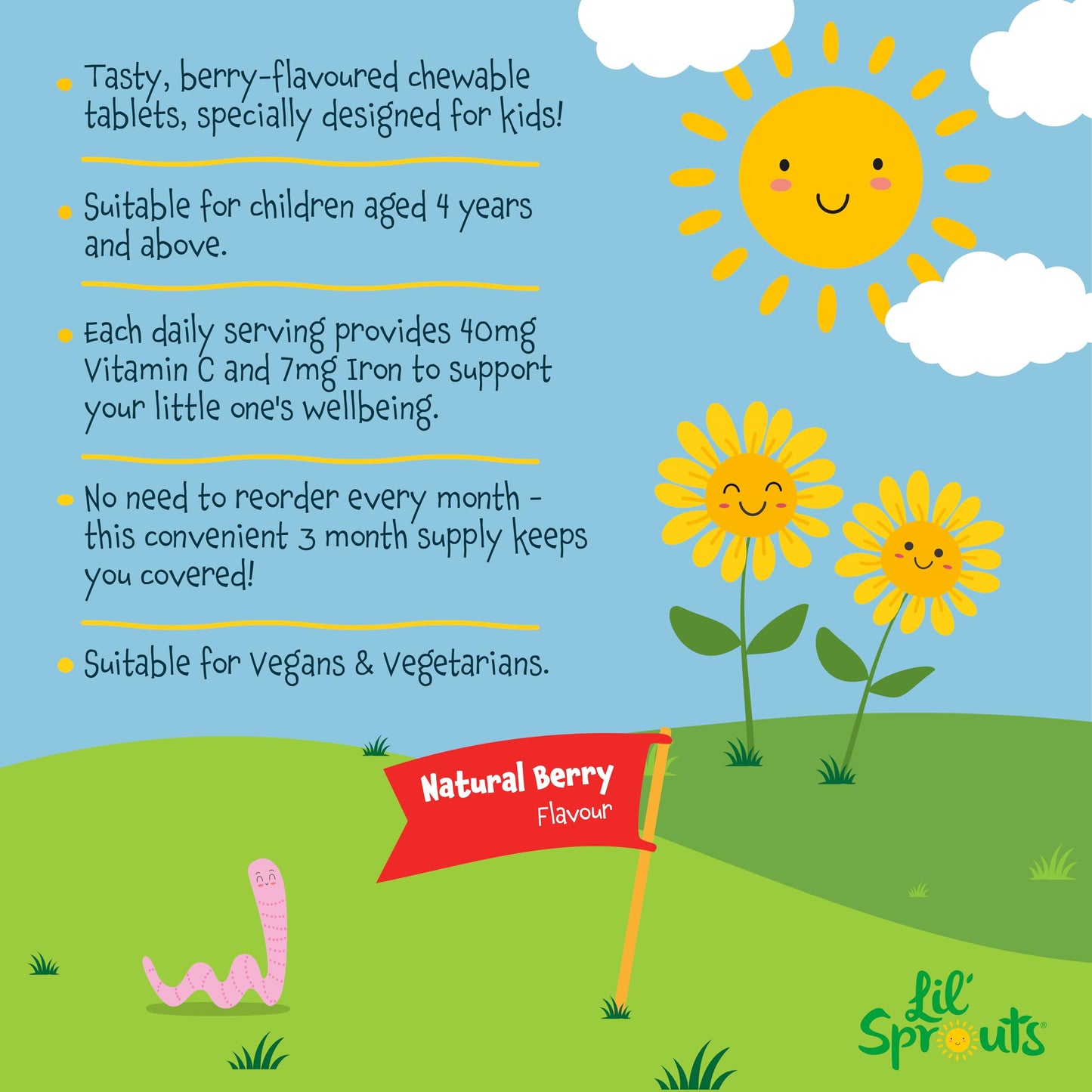 Iron Tablets for Kids with Vitamin C | 90 Chewable Tablets (3 Months Supply) | Natural Berry Flavour | Vegan Iron Supplement for Kids | by Lil' Sprouts