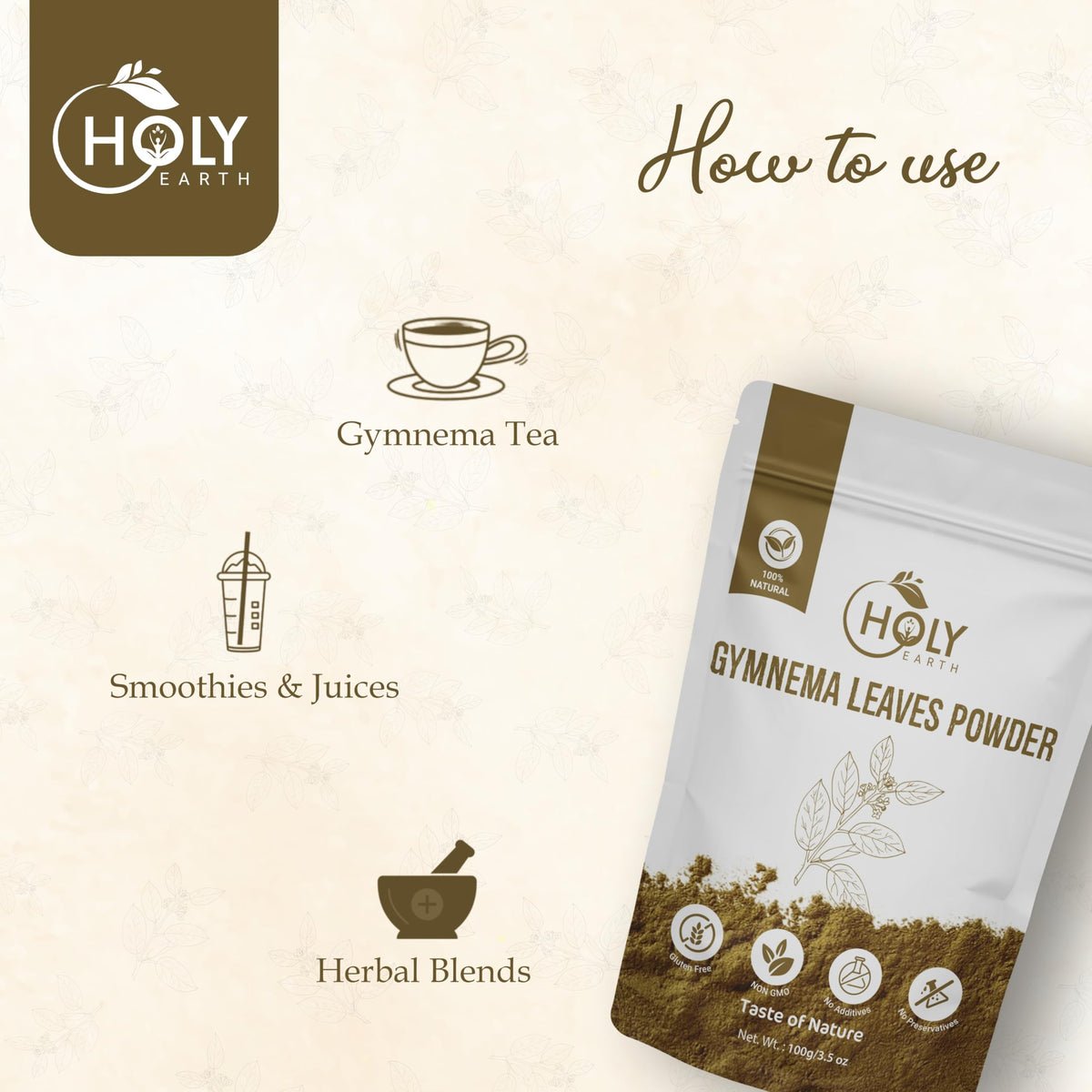 Holy Earth Gymnema/Gurmar Leaves Powder (Gymnema sylvestre) 100g/3.5 oz | 100% Natural, Gluten-Free, No Additives,