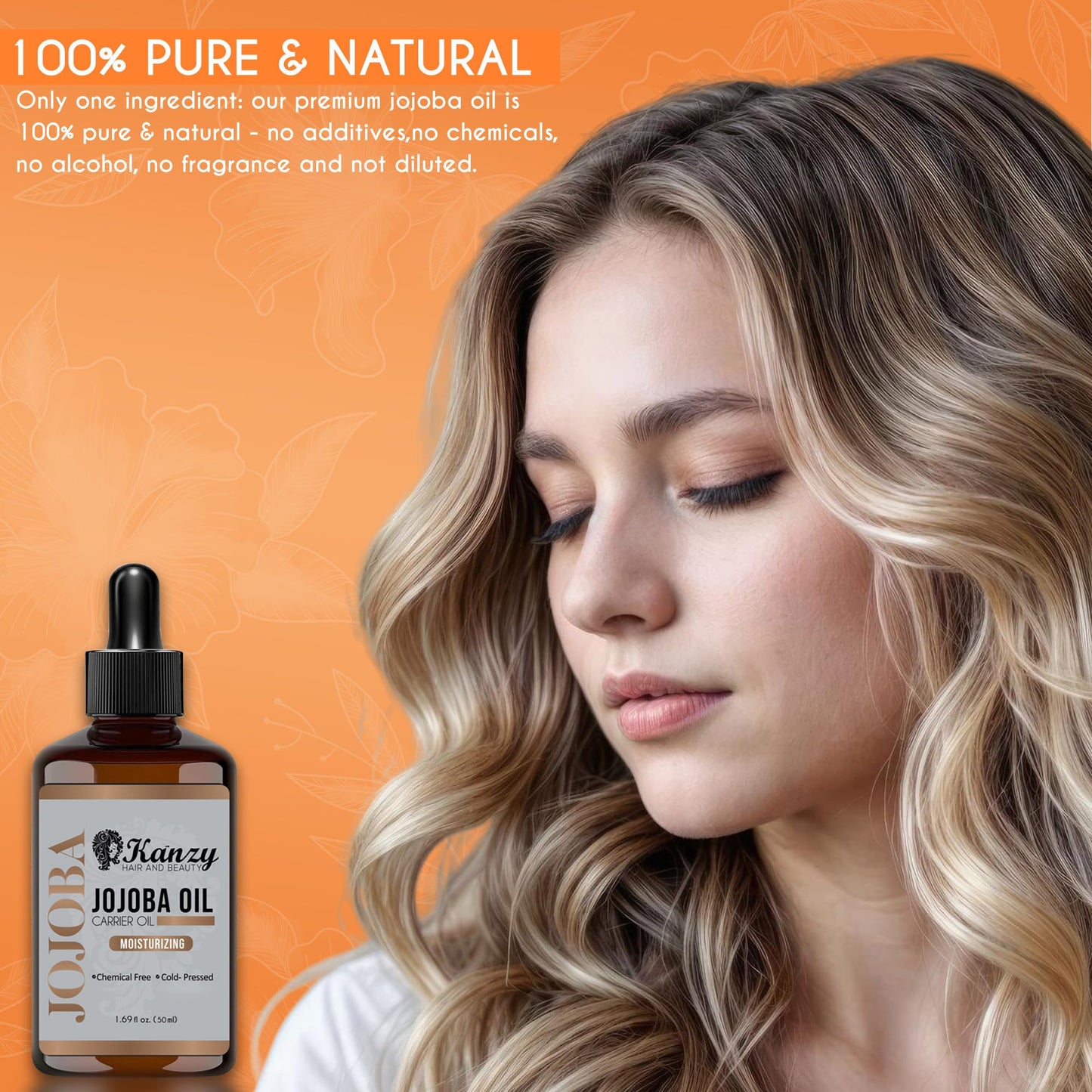 KANZY HAIR AND BEAUTY Kanzy Jojoba Oil Cold Pressed 50ml - 100% Pure Jojoba Oil for Hair, Nails, Eyelash & Eyebrow Growth - Vegan & Cruelty-Free for Skin, Face & Body as Carrier, Massage Oil